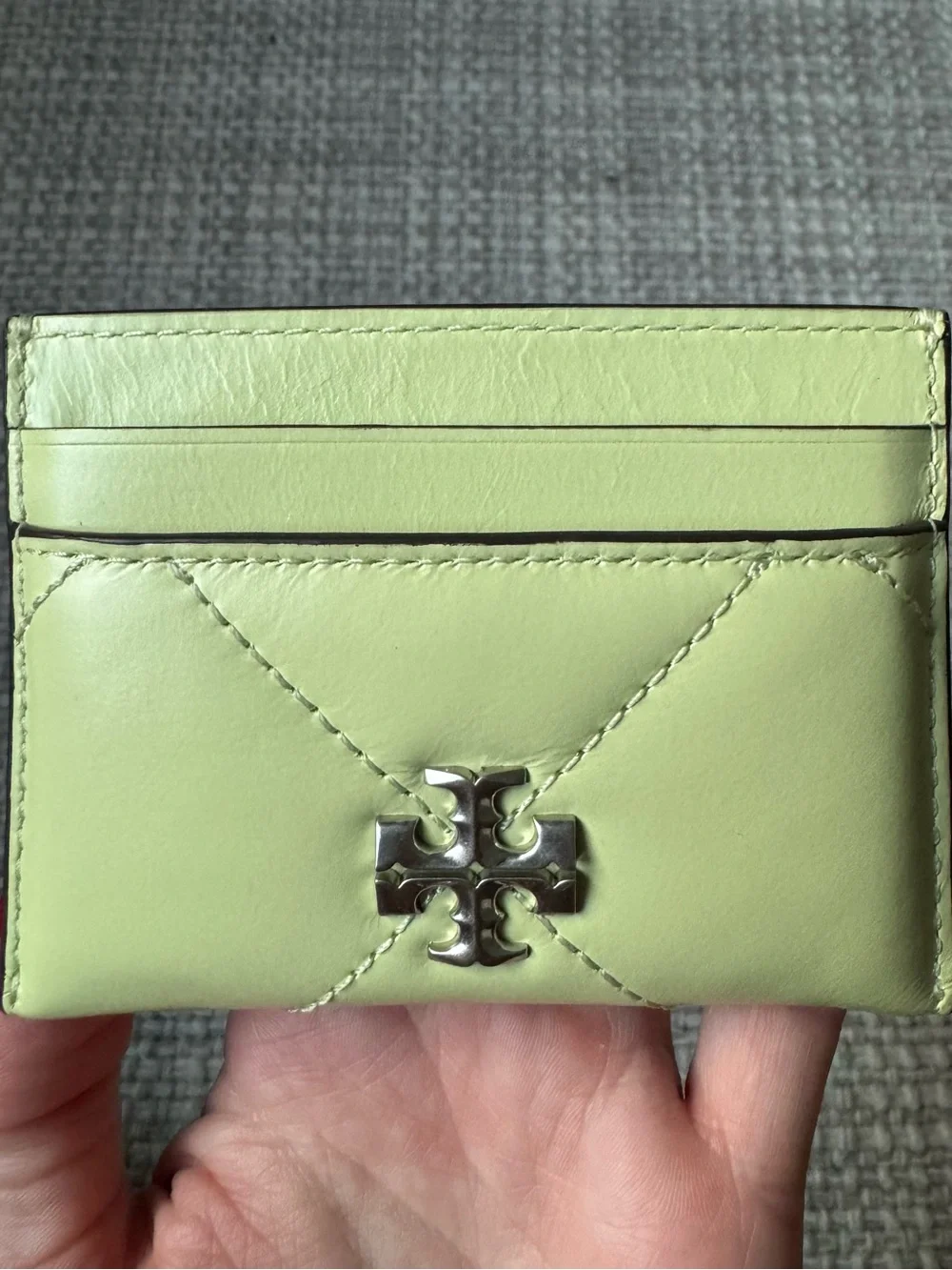 Tory Burch Pear Green Leather Kira Quilted Logo Card Case Mini Wallet NWT